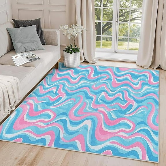Wavy Rug, Abstract Wave Swirl Psychedelic Area Rug, Blue And Pink Carpet, Washable & Non Slip & Soft Large Rugs, Wavy Home Decor Gifts 5'3" x 6'7"