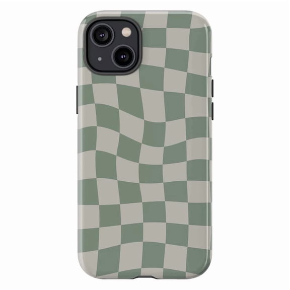 Wavy Sage Green Checkerboard Phone Case, Retro Aesthetic Warped Grid Artistic Protective Cover Compatible with iPhone 17, 16, 15, 14, 13, 12, 11, Pro Max, Plus, Mini