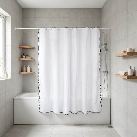 Wavy Scalloped Edge Waterproof Shower Curtain,Foldable Easy Clean Privacy Heavy Duty Bath Curtain for Master Bathroom,Apartment ,Rental Home Decor