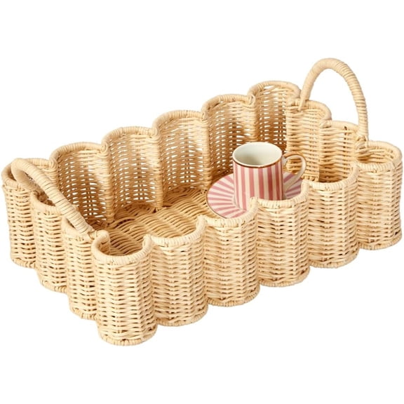 Wavy Scalloped Rattan Tray - Small Hand-Woven Wicker Tray - 19 x 9 x 6.5 in - Scalloped et - et