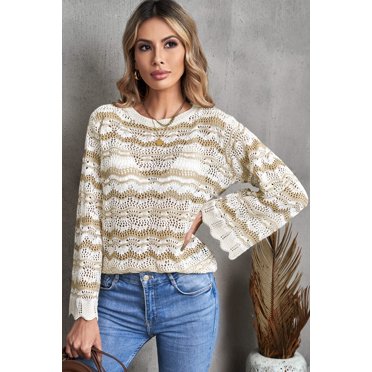 Wavy Stripe Scalloped Hem Openwork Knit Top