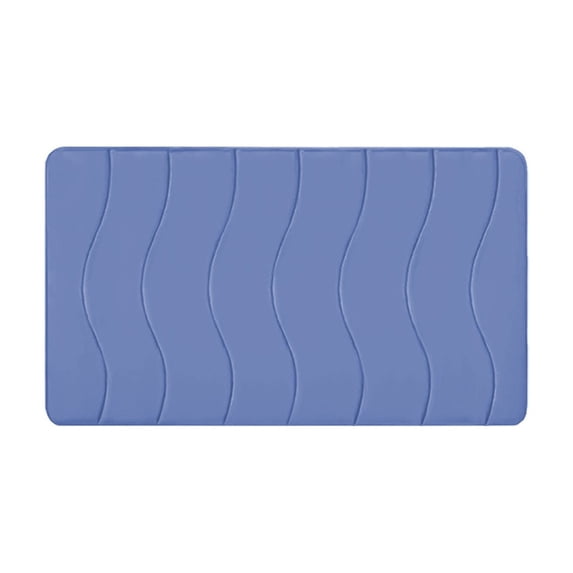 Wavy Striped Bathroom Rug, 15.75 x 23.62 In Velvet Fleece Foam Non Slip Machine Washable Bath Mat, Blue