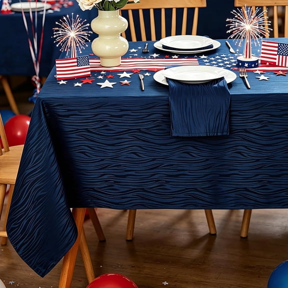 Wavy Swirl Jacquard Tablecloth, 52 x 70 Inch Rectangular Navy Blue Textured Fabric Table Cover, Heavy Duty, Wrinkle Resistant, Spillproof, Washable for Patriotic Holiday Decor
