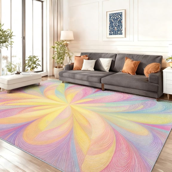 Wavy Swirl Rugs for Living Room, Pink Abstract Painted Floral Printed Area Rug, Wavy Swirl Decor for Home Bedroom, Non Slip Washable Soft Indoor Carpet-5' x 6'