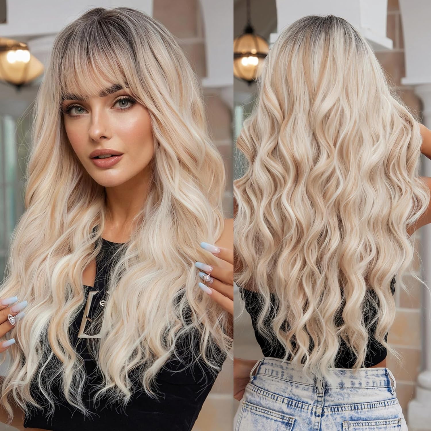 Wavy Synthetic Wig with Fringe for Women, Daily Wear, Party and Costume ...