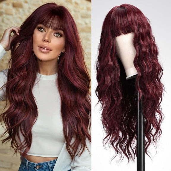 Wavy Synthetic Wig with Fringe for Women, Daily Wear, Party and Costume Styling, a wearable hairpiece for daily wear, party and costume styling, and special event styling and outfit changes,Wine Red