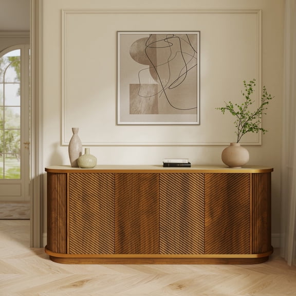 Wavy TV Stand for 65-in TV, Rounded Sideboard w/ Storage Cabinet & Drawer, Entertainment Center, Natural