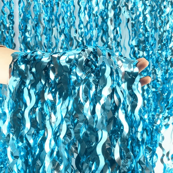 Wavy Tinsel Foil Fringe Curtains Ocean Theme Decor, Teal Blue Metallic Streamers Backdrop for Under The Sea Birthday Party, Photo Booth Background (2 Pack, 3.2x6.6 ft), Blue