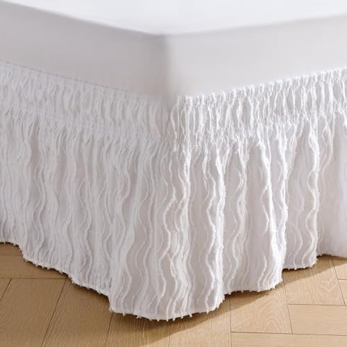 Wavy Tufted Bed Skirt - Wrap Around Dust Ruffle with Elastic Belts - 12.5 Inch Drop Easy to Put On - Bedskirt Machine Washable & Wrinkle Resistant(Wavy/White, King/Queen-12.5 Drop)