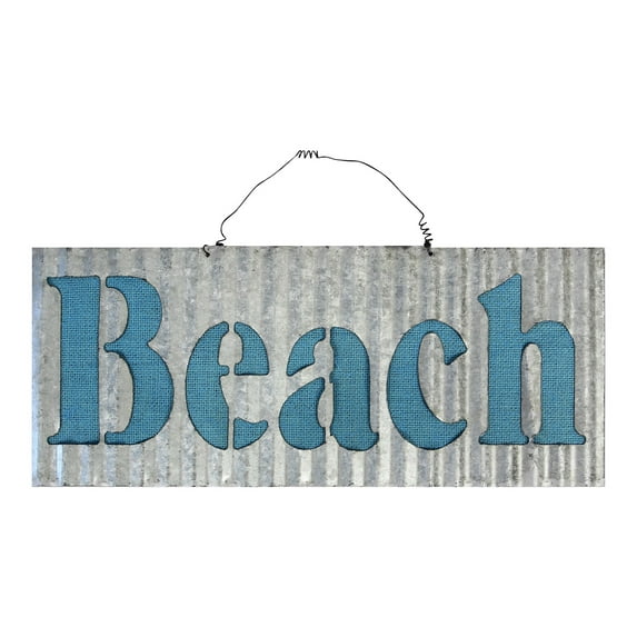 Wavy Waffle Tin with Blue Burlap Beach Sign 19 Inch Wall Decor