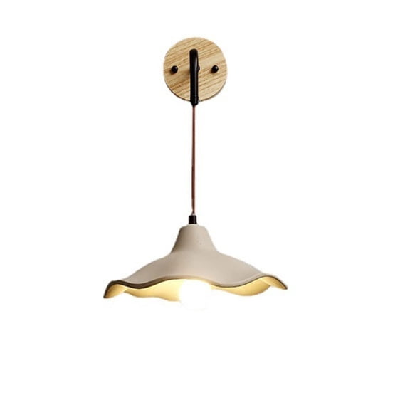 Wavy Wall Sconce Lamp With Wood Base, Cream Hanging Pendant Light E26 , Bedside Reading Accent Lighting Fixture For Bedroom Living Room Hallway Home