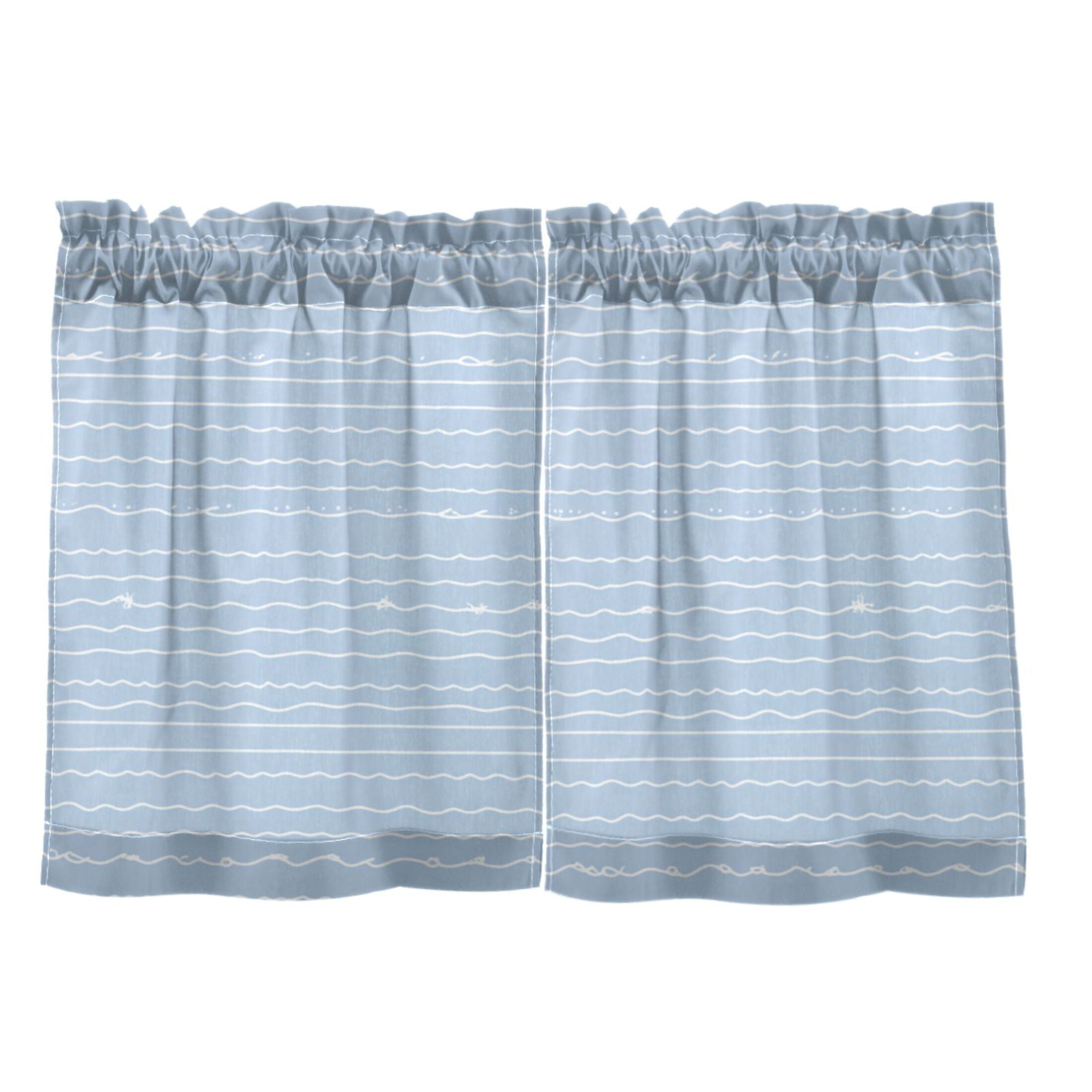 Wavy White Lines Pattern 27"x36" Linen Look Cafe Curtain Set with Privacy and UV Protection