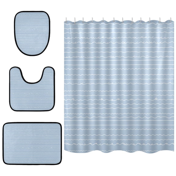 Wavy White Lines Pattern Bathroom Accessory Curtain Sets Bath Curtain Anti-Slip Mats and Toilet Pad 66x72in