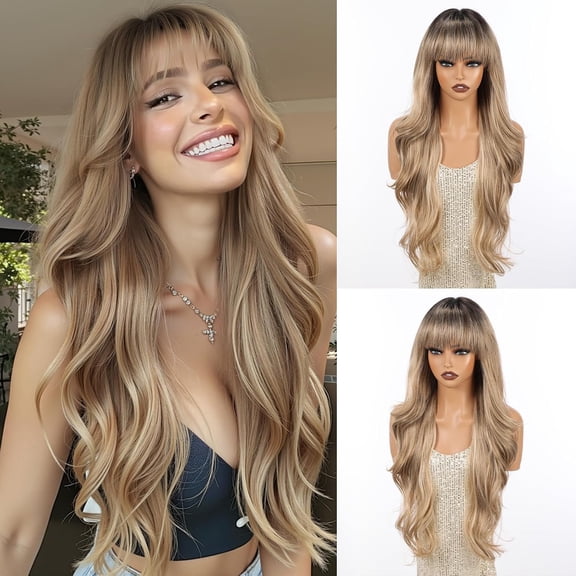 Wavy Wig with Bangs, 28 Inch Layered Long Curly Wig for Woman, Heat-Resistant Synthetic Hair Replacement Wigs, Natural Appearance Wig for Daily Party Use,Ash Blonde