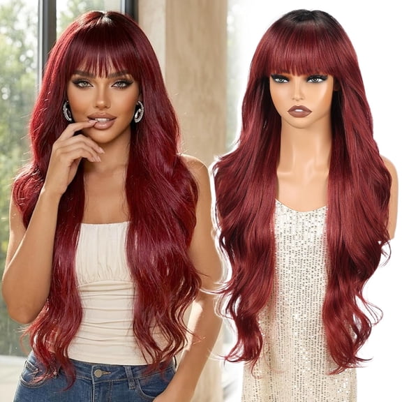 Wavy Wig with Bangs, 28 Inch Layered Long Curly Wig for Woman, Heat-Resistant Synthetic Hair Replacement Wigs, Natural Appearance Wig for Daily Party Use,Ombre Wine Red