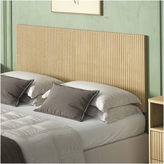 Wavy Wood Headboard for Queen Bed, Modern Boho Vertical Wood Grain Design, Easy Wall Mount Headboard, Oak Finish, Space Saving MDF Board
