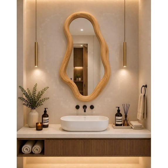 Wavy Wooden Framed Wall Mirror, Handcrafted Asymmetrical Undulating Mirror, 24x36 Inch Large Funky Accent Piece for Modern Home Deco