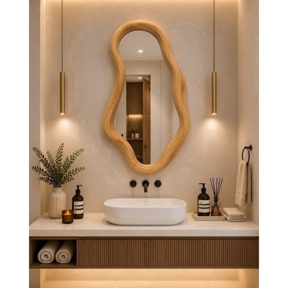 Wavy Wooden Framed Wall Mirror, Handcrafted Asymmetrical Undulating Mirror, 24x36 Inch Large Funky Accent Piece for Modern Home Deco