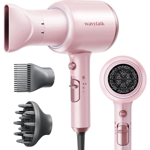 Wavytalk 1875W Hair Dryer with Diffuser, Ionic Blow Dryer for Curly Hair with Comb, 3 Attachments for All Hair Types, Light and Quiet, Pink