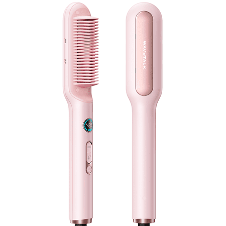 Wavytalk Ionic Hair Straightener Brush, Anti-Scald Ceramic Straightener Comb with LED Display for Super Smooth Hair, Pink