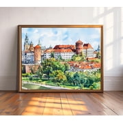 Wawel Castle Krakow Wall Art Print, Cartoon Cityscape, Poland Architecture Travel Illustration