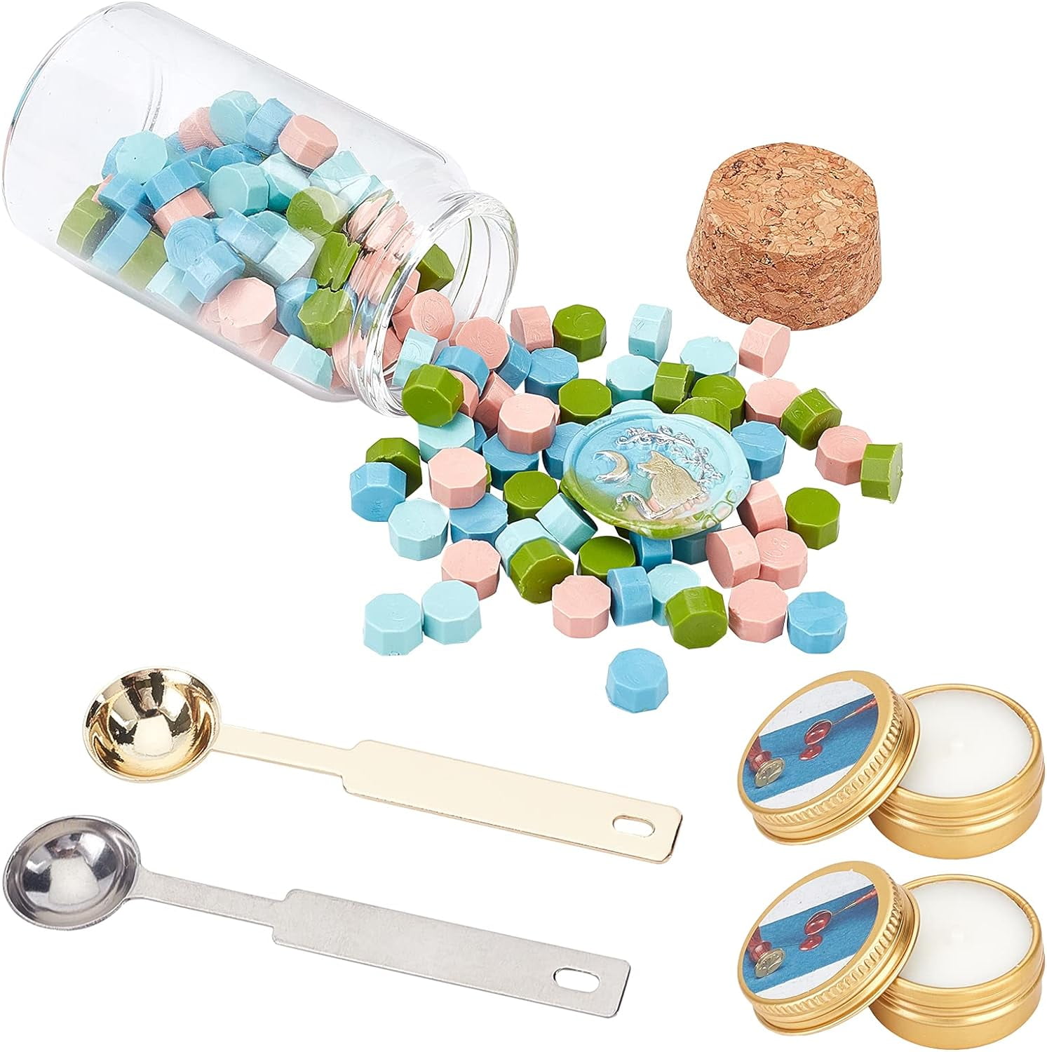 PLIGREAT Wax Seal Stamp Kit Komplettes Siegelwachs Kit mit 24 Farben 960 Stück Wachs Siegel Perle 6 Stück Umschläge 4 Stück Stempel Metallic Pen für Craft Making Lovers Womens Geburtstag