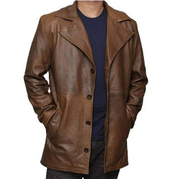 Wax Brown Trench Leather Coat Jacket Mens Genuine Leather Vintage Style Street Wear Jacket