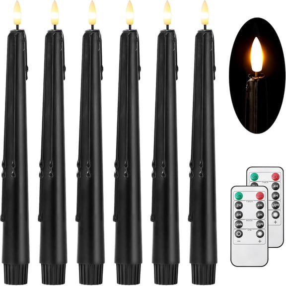 Wax Drip Black Flameless Taper Candles with Remote and Timer, Real Wax, 6PK