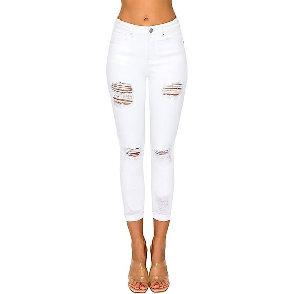 Wax Jean Women's 'Butt I Love You' Push-Up High Rise Destructed Capri Jeans White 11