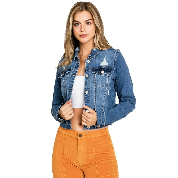 Wax Jean Women's Juniors Classic Denim Fitted Jean Jacket  (Medium Denim, Medium)