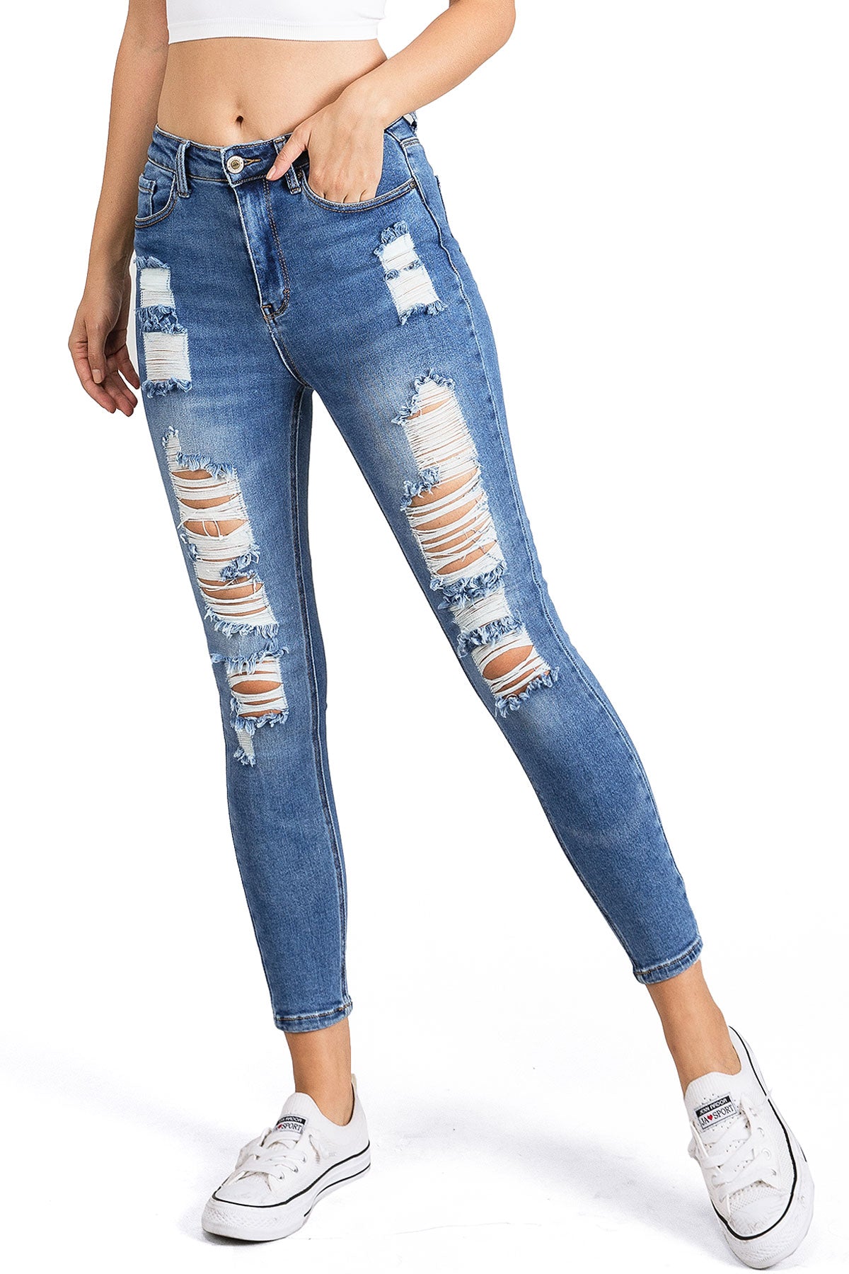 Wax Jean Women's Juniors Distressed High Rise Ankle Skinny Jeans (0, Medium Denim) - image 1 of 5