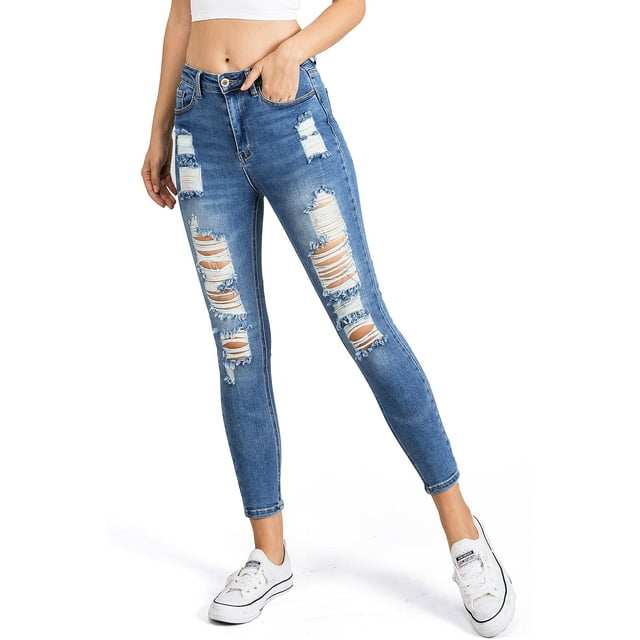 Wax Jean Women's Juniors Distressed High Rise Ankle Skinny Jeans (0, Medium Denim)