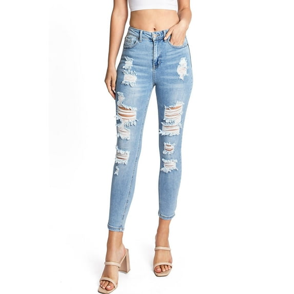 Wax Jean Women's Juniors Distressed High Rise Ankle Skinny Jeans (11, Light Denim)