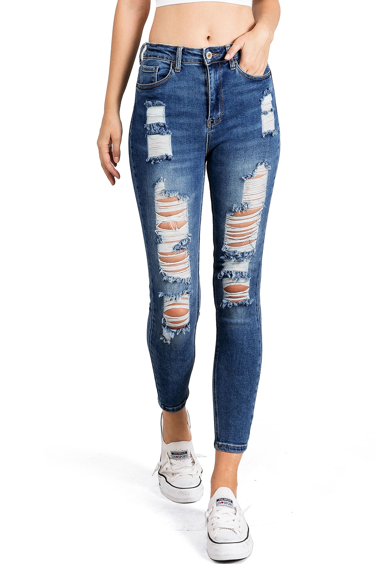 Wax Jean Women's Juniors Distressed High Rise Ankle Skinny Jeans (Dark, 7) - image 1 of 5