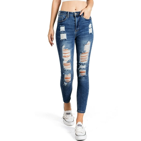 Wax Jean Women's Juniors Distressed High Rise Ankle Skinny Jeans (Dark Denim)