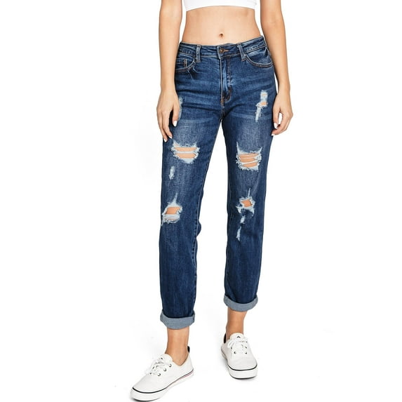 Wax Jean Women's Juniors High Rise Baggy Straight Leg Jeans (13, Dark)