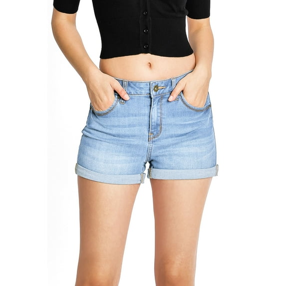 Wax Jean Women's Juniors High Rise Eco-Friendly Denim Shorts (Light Denim, L)