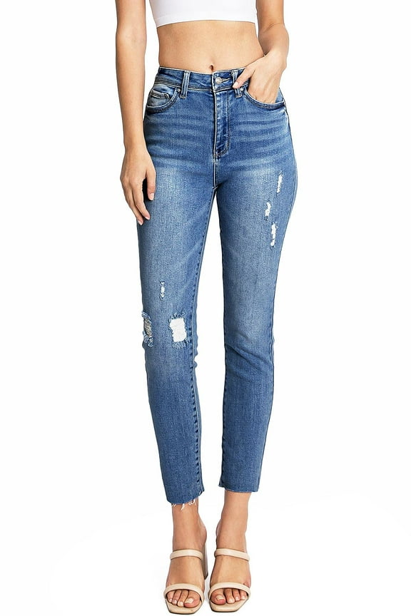 Women's Juniors High Rise Slim-Straight Ankle Jeans (Medium Denim, 7)