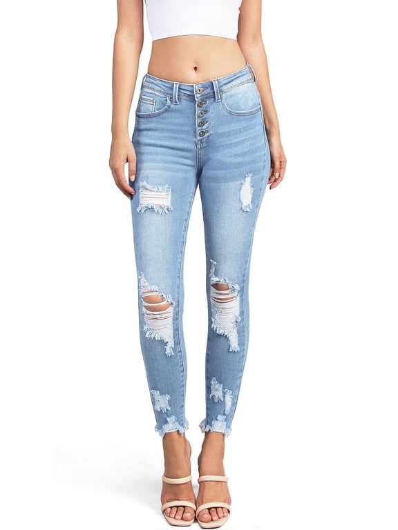 Women's Juniors Ripped Distressed High Waist Ankle Jeans (7, Light Denim)