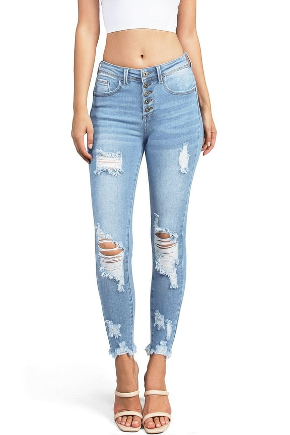 Women's Juniors Ripped Distressed High Waist Ankle Jeans (7, Light Denim)
