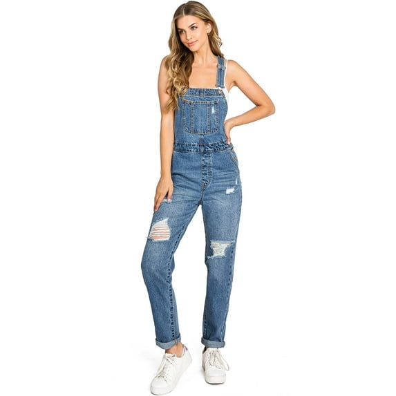 Wax Jean Womens 90s Retro Straight Leg Ripped Denim Overalls (L, Medium)