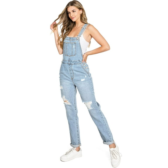 Wax Jean Womens 90s Retro Straight Leg Ripped Denim Overalls (XL, Light)
