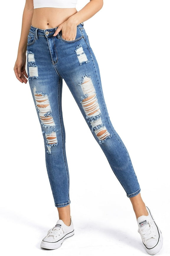 Womens High Waist Cropped Distressed Skinny Jeans (7, Medium)