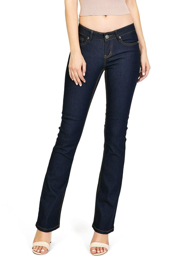 Womens Junior's Mid-Rise Bootcut Dark Denim Slim Fit Jeans (Dark Blue, 7)