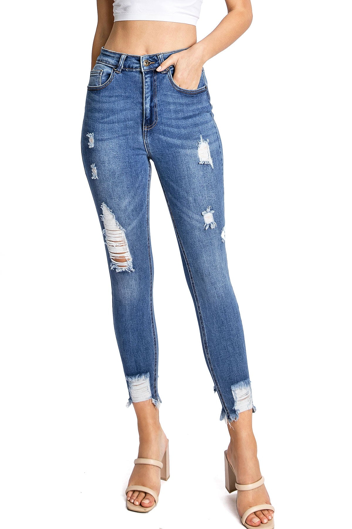 Wax Jeans Women's High Rise Distressed Skinny Jeans - Ankle Length, Heavy Fray, Stretch Denim - View #6