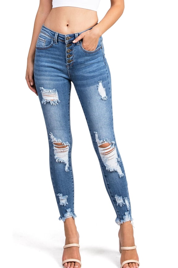Womens Juniors High Rise Distressed Denim Skinny Jeans (Ripped Medium Denim, 7)