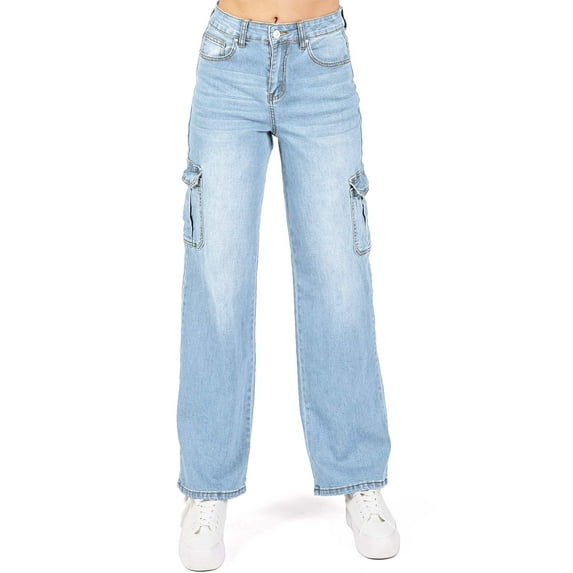 Wax Jean Womens Juniors Wide Leg Cargo Carpenter Jeans (Light Denim, 9)