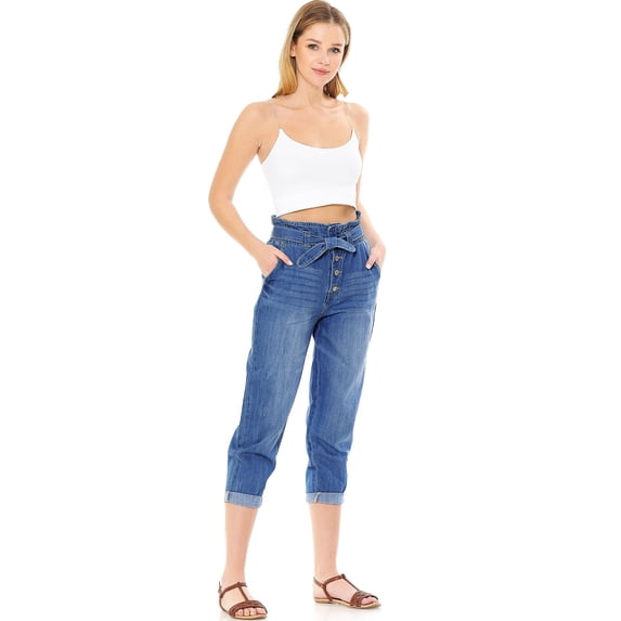 Wax Jeans Women's High Rise Paperbag Mom Denim Pants (Medium Denim, Small)