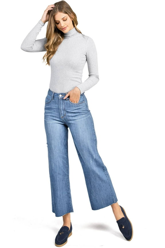 s Womens' Juniors Cropped Wide-Leg Culotte Jeans (Medium Denim, 9)