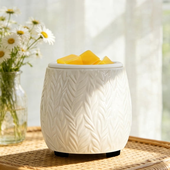 Wax Melt Warmer Ceramic Burner for Scented Cubes Electric Oil Burner Melter with Silicone Dish Fragrance Warmer for Home Office Bedroom White Leaf